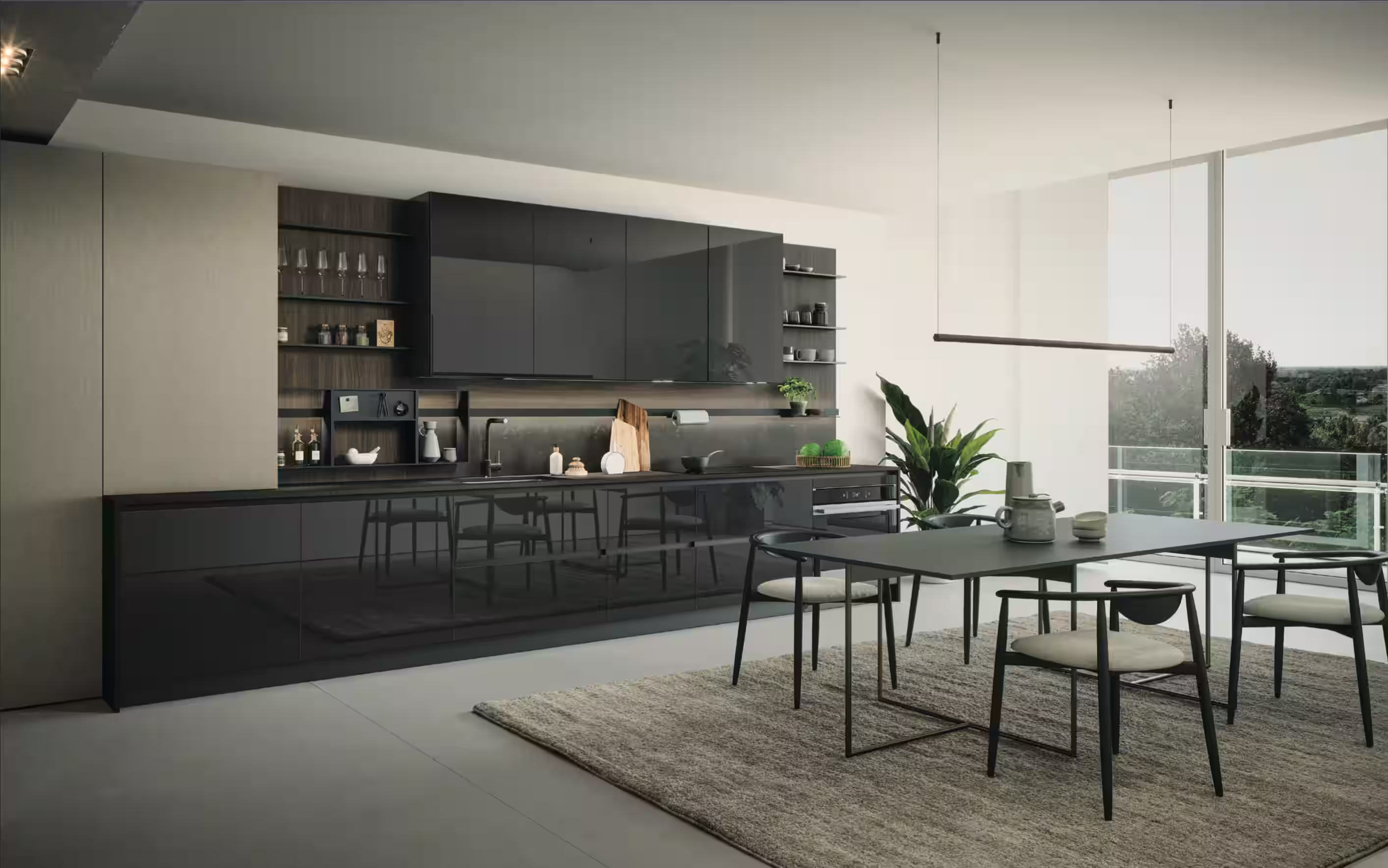 Cucina lineare antracite con isola e tavolo da pranzo, arredamento Arredocasa Quarrata