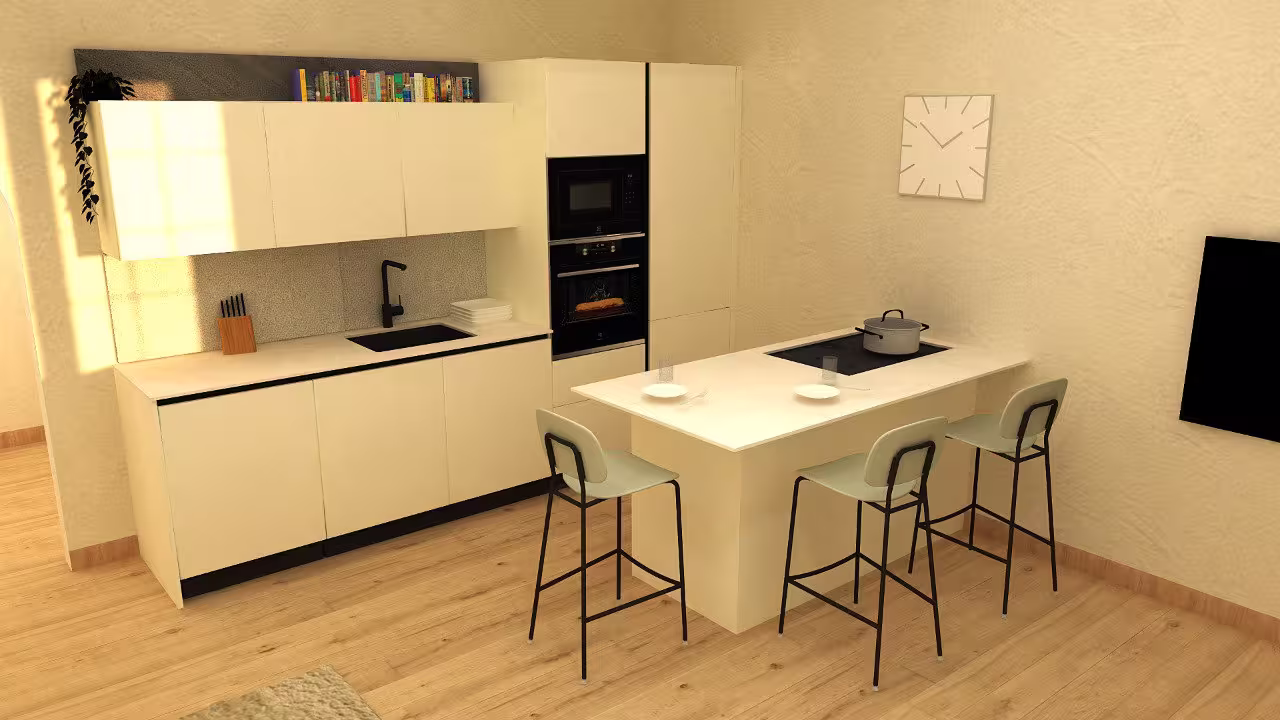 Rendering 3D di una cucina bianca con isola e sgabelli, progetto Arredocasa Quarrata